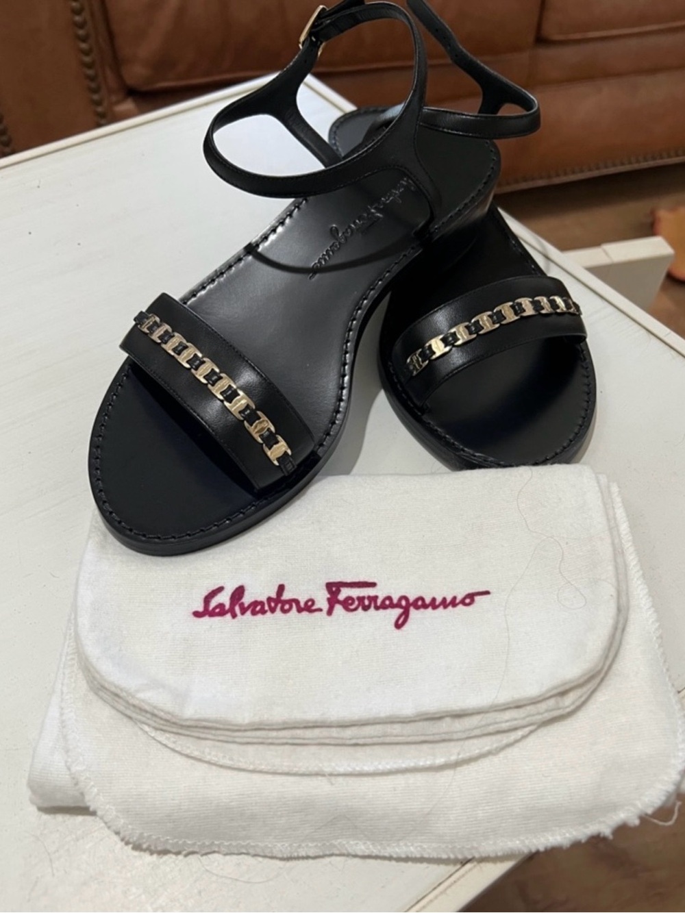 Salvatore Ferragamo Black Leather Sandals with Gold Chain Accent